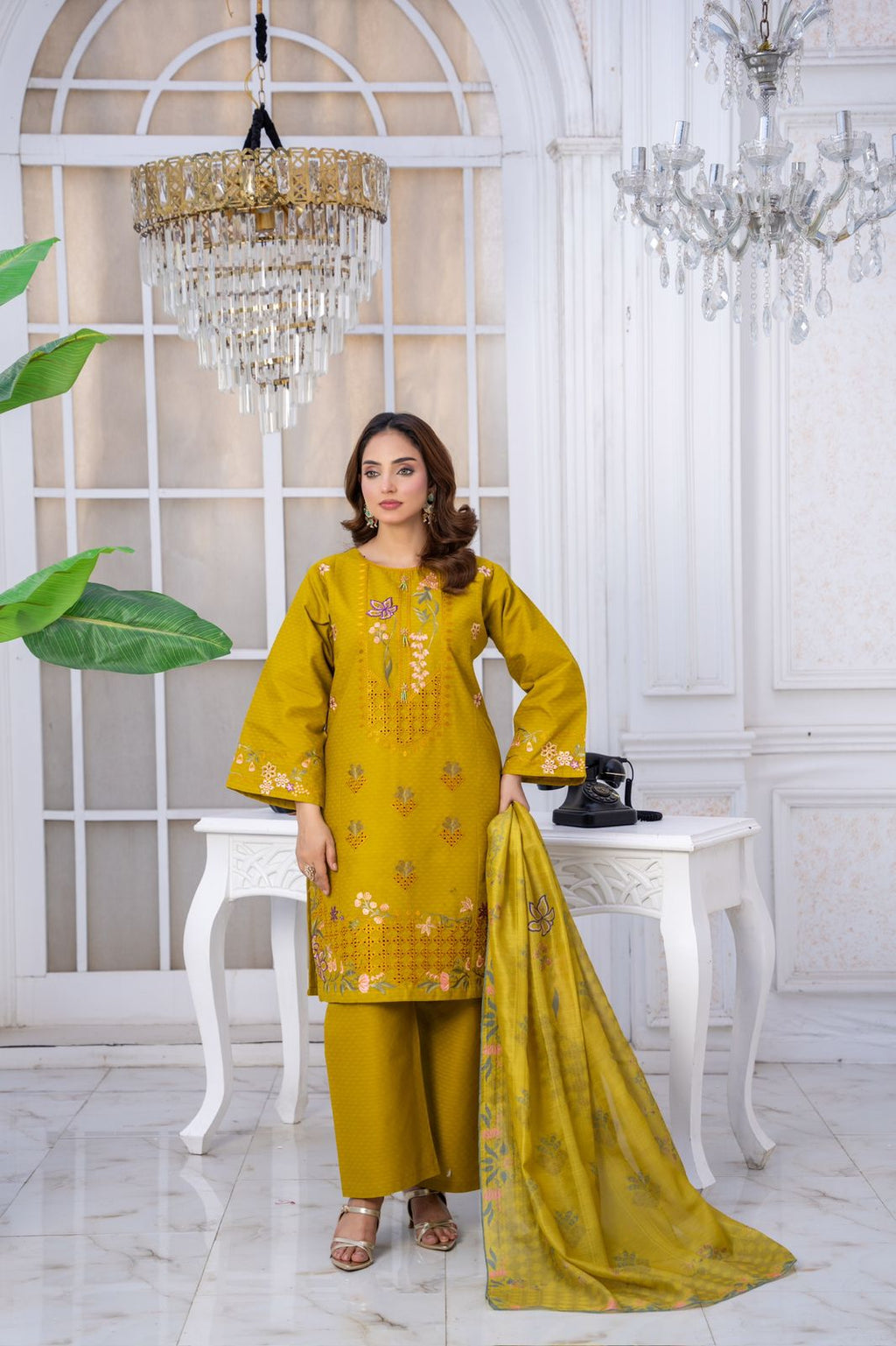 ✨ Mustard Embroidered Winter Cotton 3-Piece Suit ✨