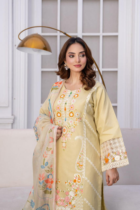Pastel Lemon Grace – Winter Cotton Embroidered Suit