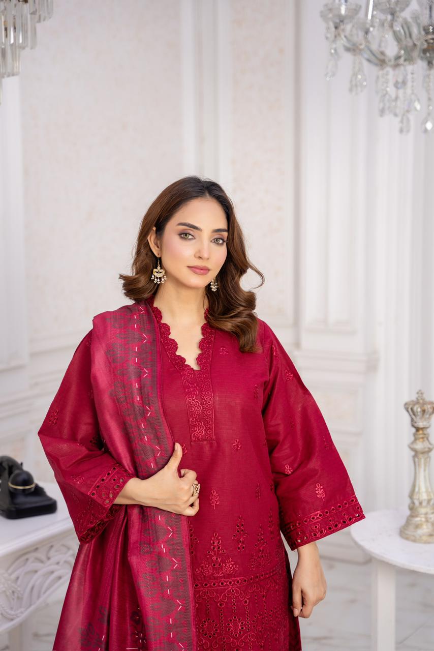 Crimson Charm – Same-Tone Embroidered 3-Piece Suit