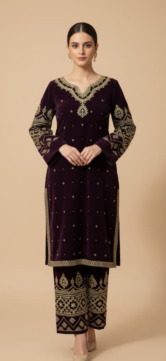 ✨ Deep Plum Velvet 3-Piece Embroidered Ensemble ✨