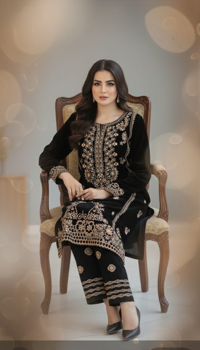 🖤 Black Velvet Embroidered 2-Piece Luxury Ensemble 🖤  Description: