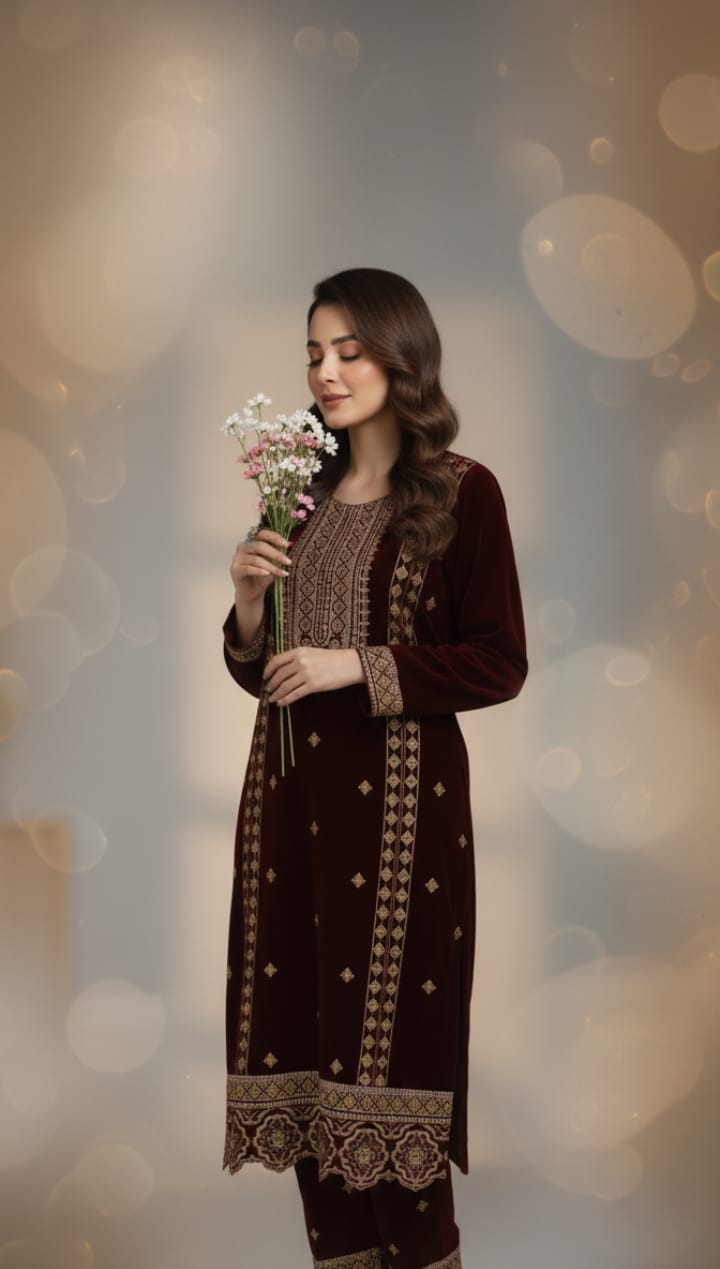 🌸 Maroon Velvet 2-Piece Embroidered Luxury Outfit 🌸