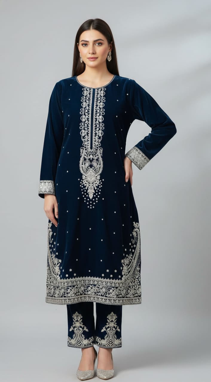 ✨ Midnight Blue Velvet Embroidered 2-Piece Luxury Outfit ✨