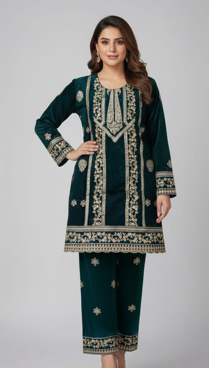 💚 Emerald Green Velvet Embroidered 2-Piece Luxury Set 💚