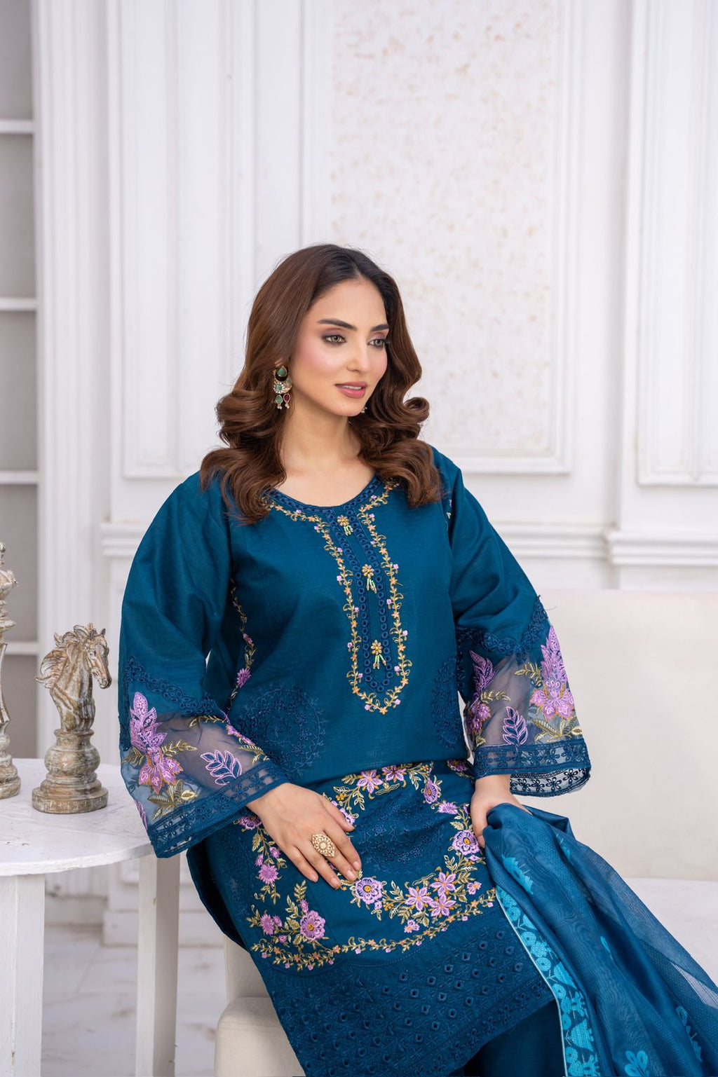 Deep Teal – Exquisite Threadwork Embroidered 3-Piece Suit