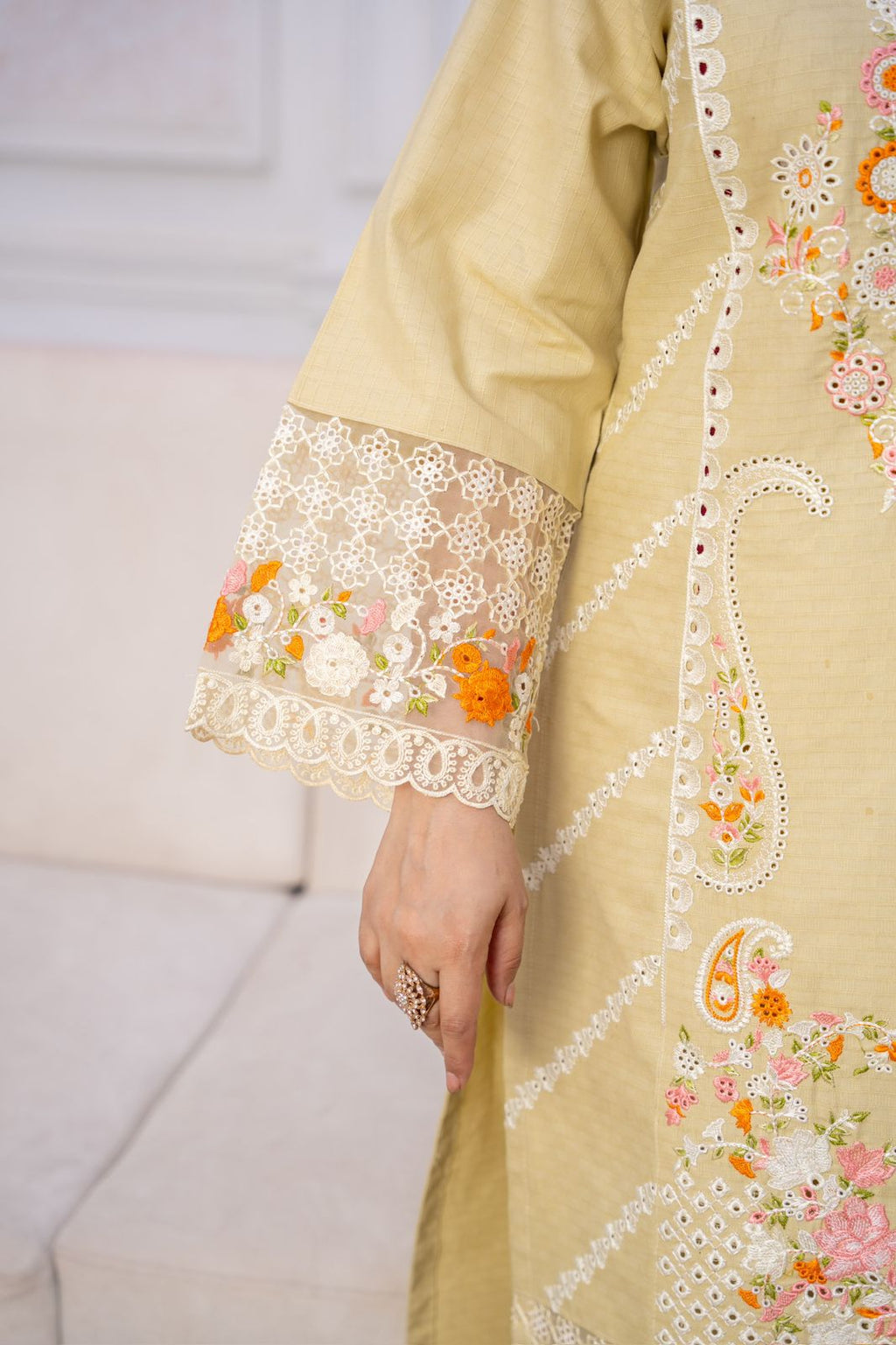 Pastel Lemon Grace – Winter Cotton Embroidered Suit