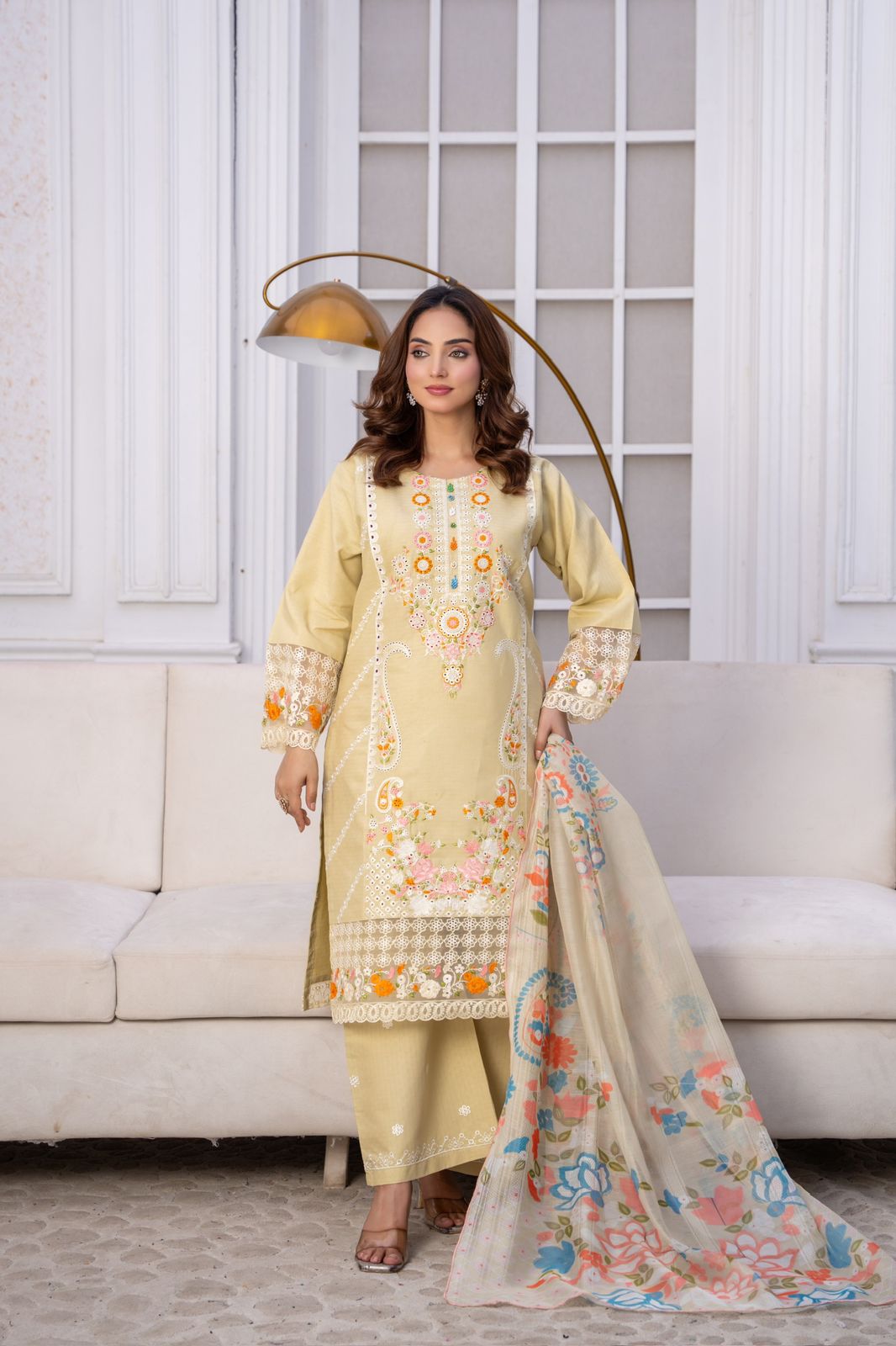 Pastel Lemon Grace – Winter Cotton Embroidered Suit