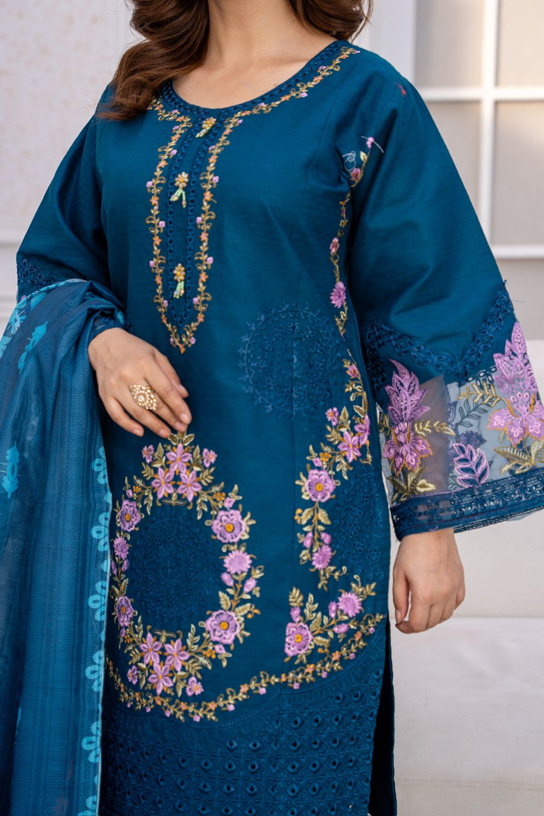 Deep Teal – Exquisite Threadwork Embroidered 3-Piece Suit