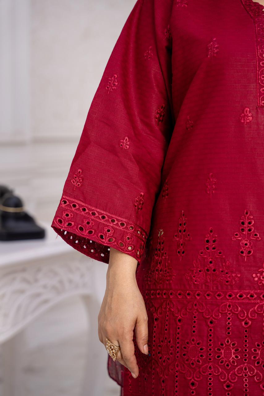 Crimson Charm – Same-Tone Embroidered 3-Piece Suit