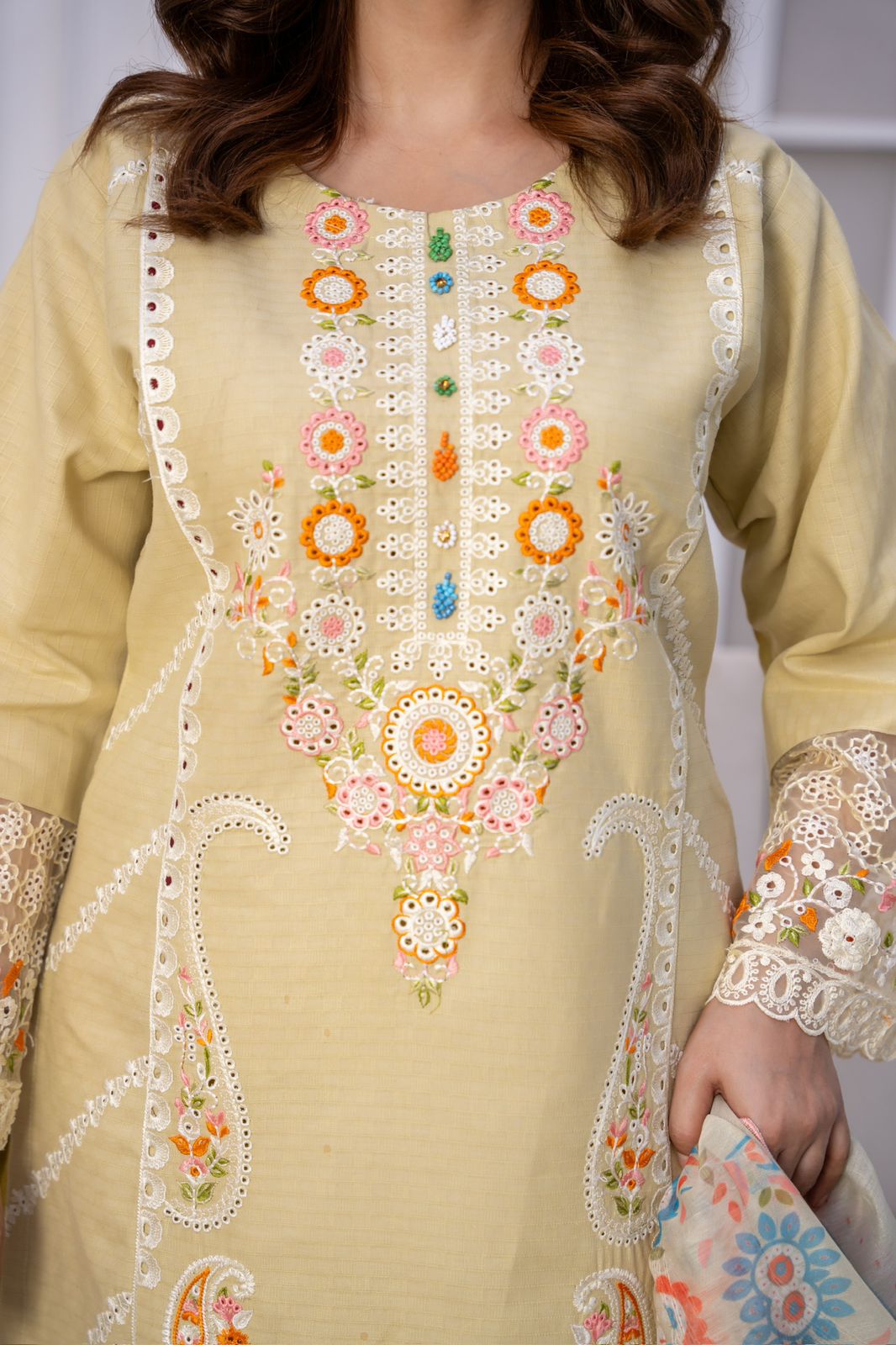 Pastel Lemon Grace – Winter Cotton Embroidered Suit