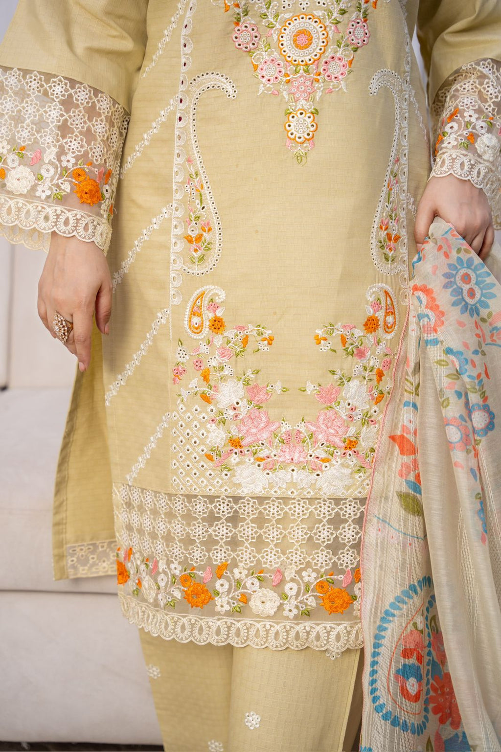 Pastel Lemon Grace – Winter Cotton Embroidered Suit