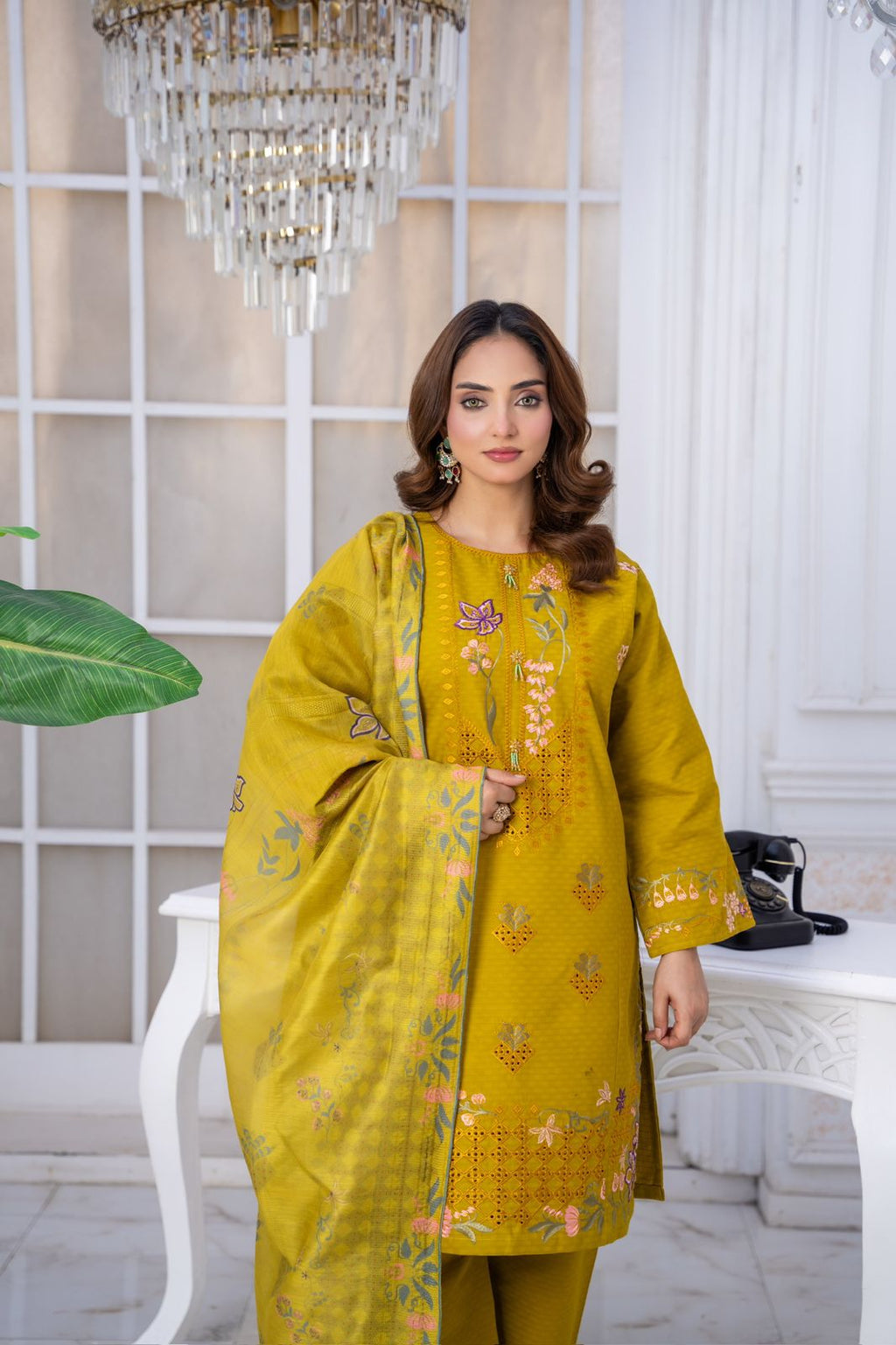 ✨ Mustard Embroidered Winter Cotton 3-Piece Suit ✨