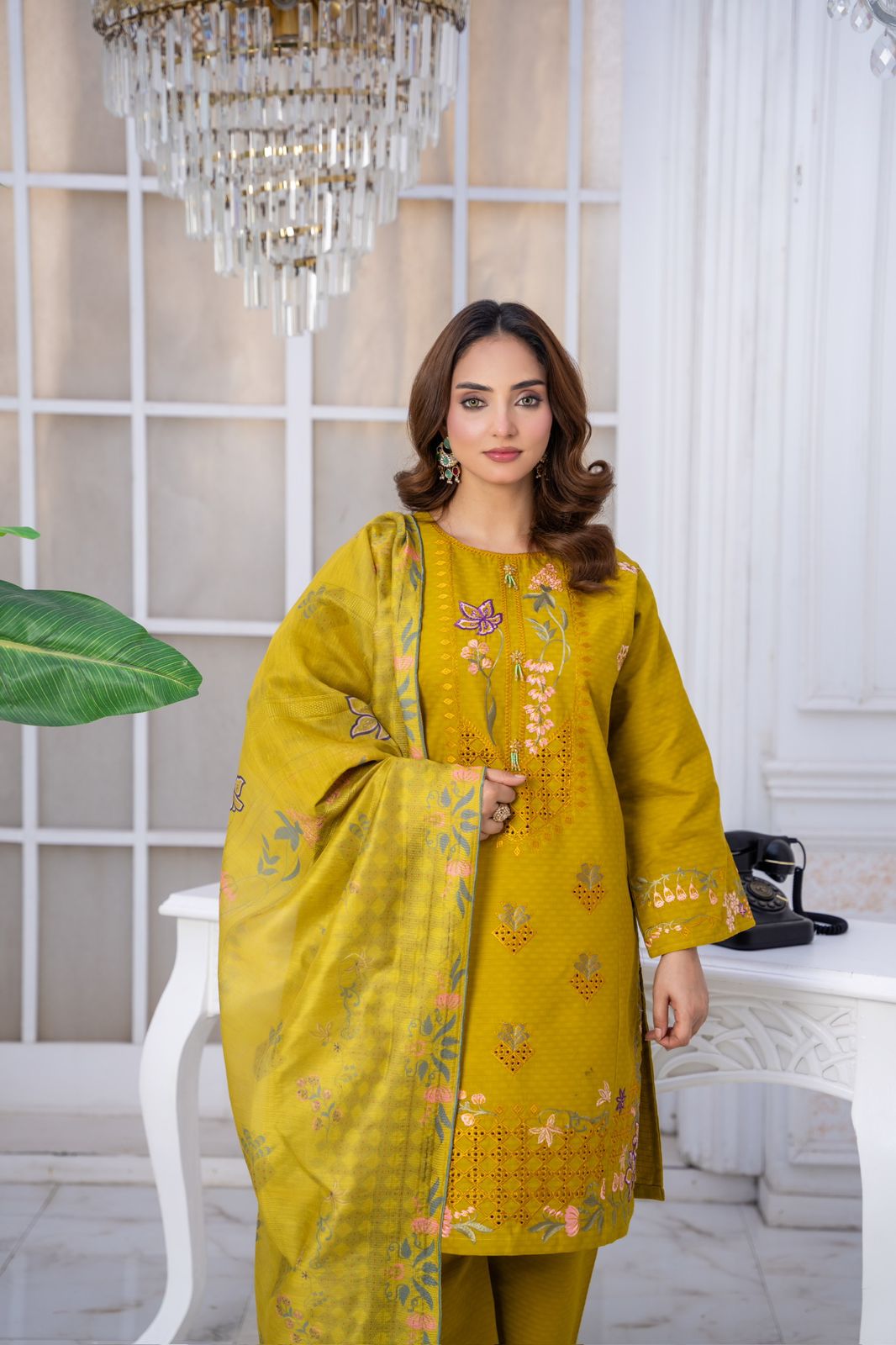 ✨ Mustard Embroidered Winter Cotton 3-Piece Suit ✨