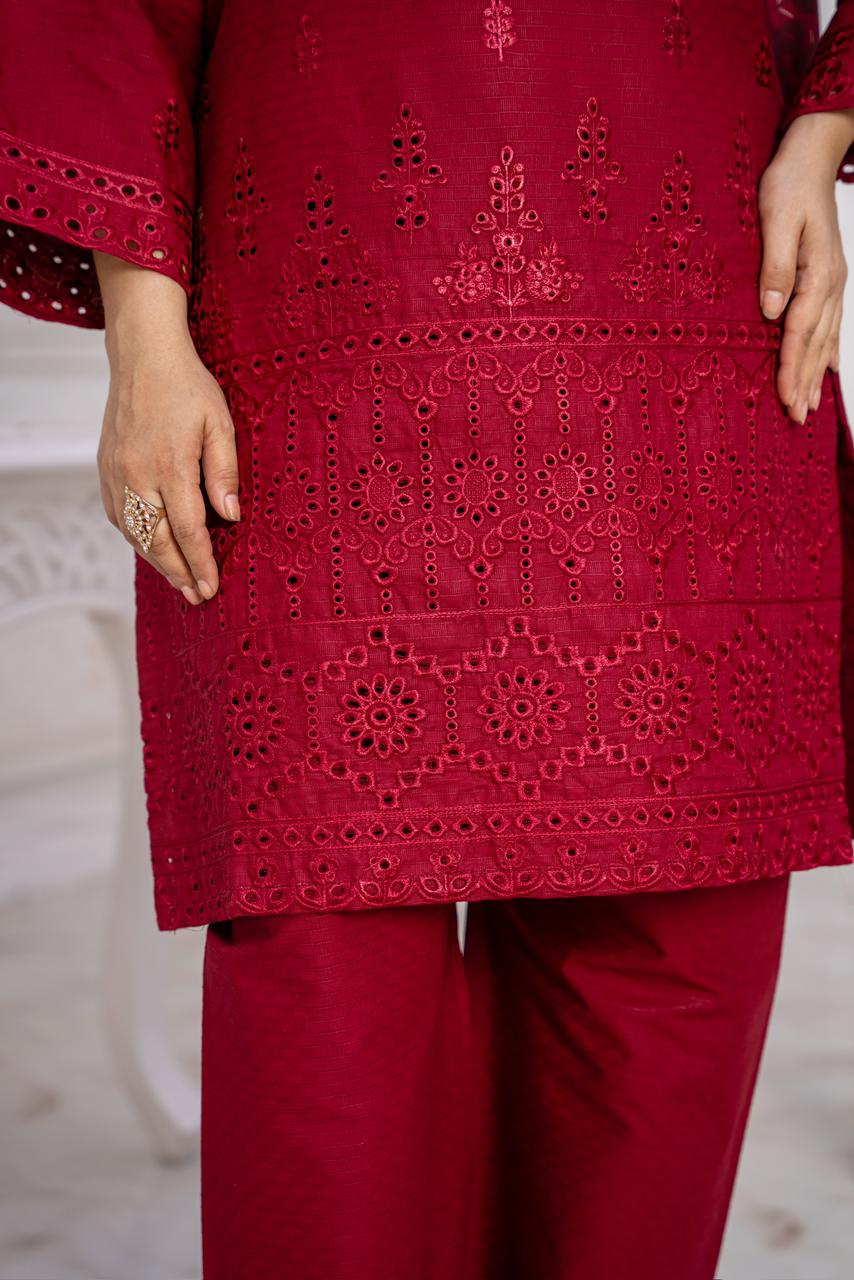 Crimson Charm – Same-Tone Embroidered 3-Piece Suit