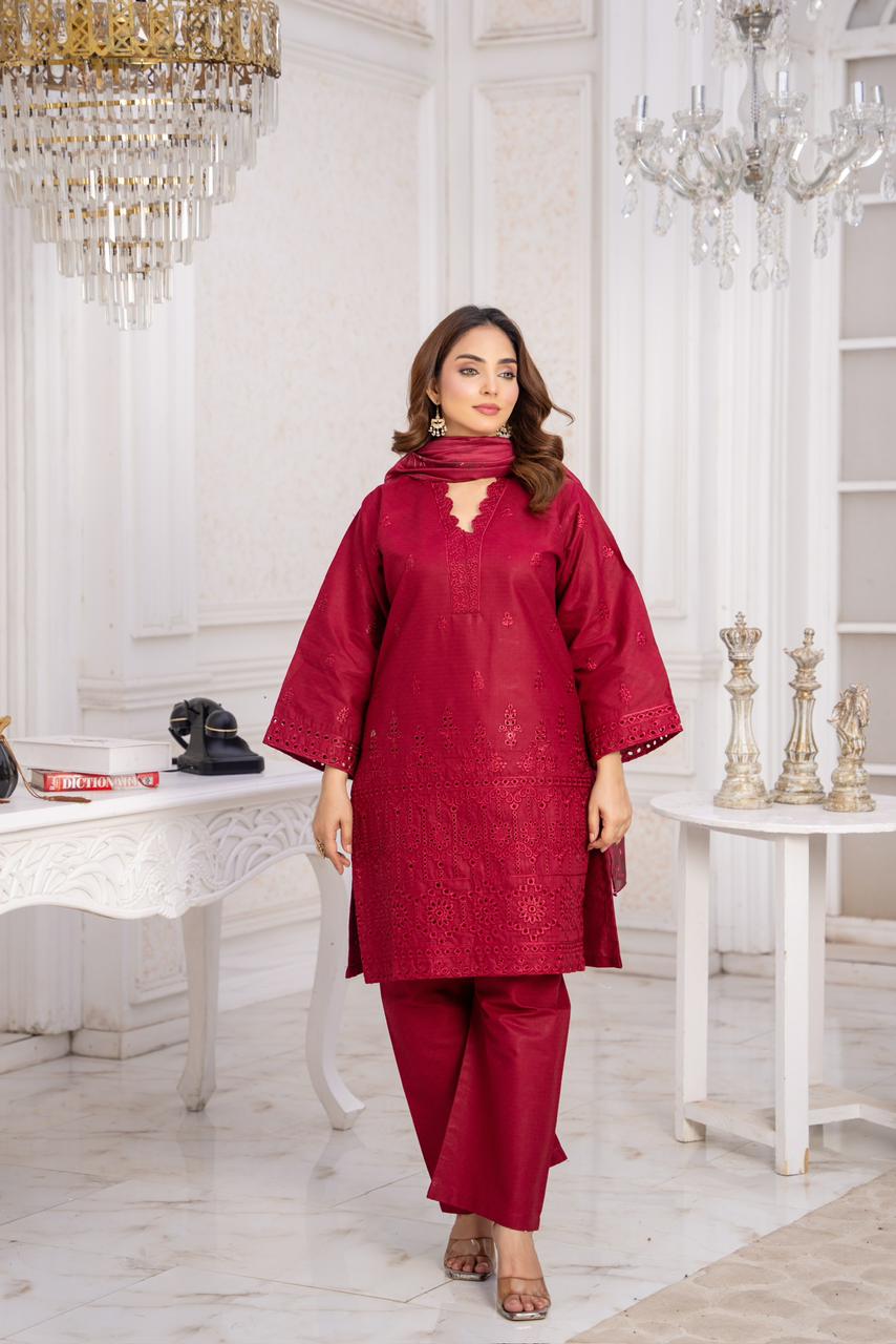 Crimson Charm – Same-Tone Embroidered 3-Piece Suit