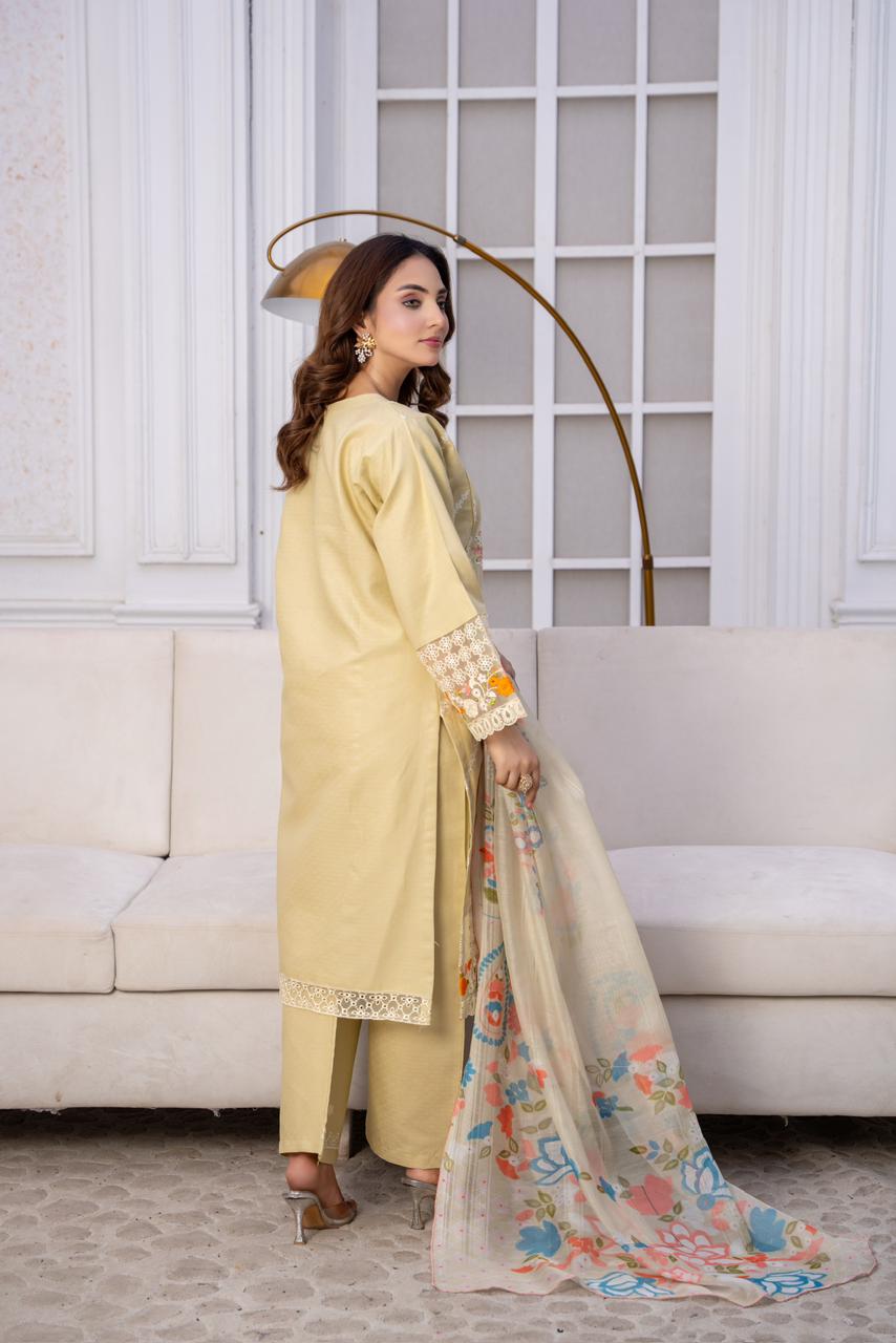 Pastel Lemon Grace – Winter Cotton Embroidered Suit