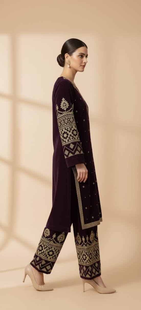 ✨ Deep Plum Velvet 3-Piece Embroidered Ensemble ✨