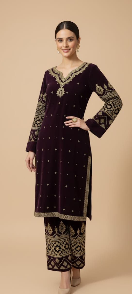 ✨ Deep Plum Velvet 3-Piece Embroidered Ensemble ✨