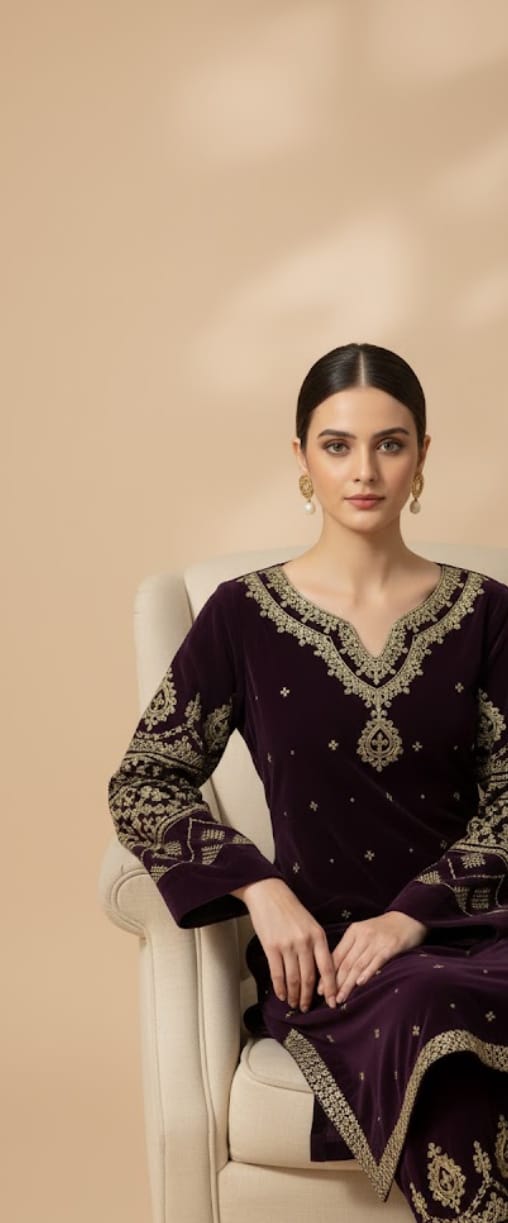 ✨ Deep Plum Velvet 3-Piece Embroidered Ensemble ✨