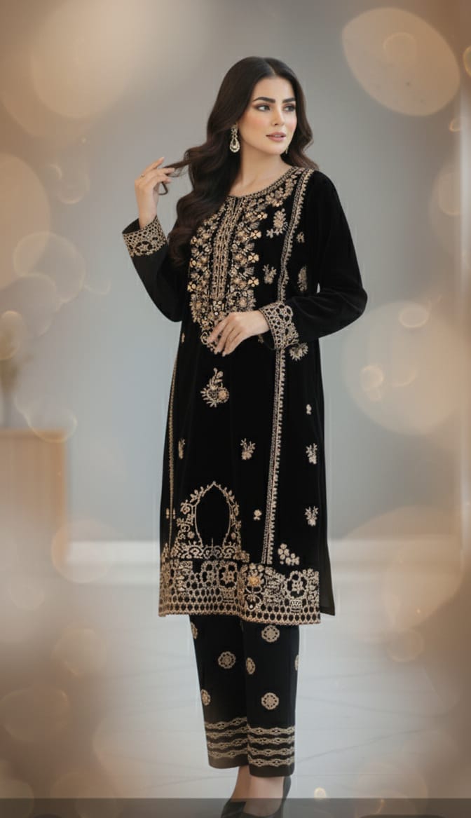 🖤 Black Velvet Embroidered 2-Piece Luxury Ensemble 🖤  Description: