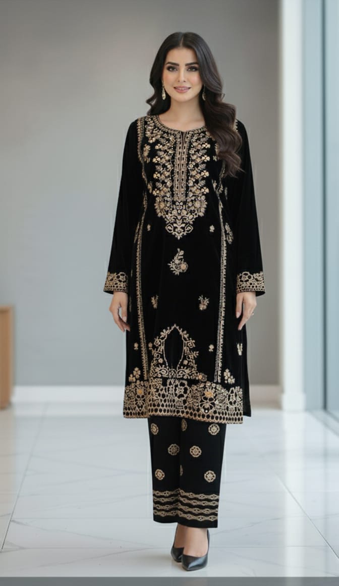 🖤 Black Velvet Embroidered 2-Piece Luxury Ensemble 🖤  Description: