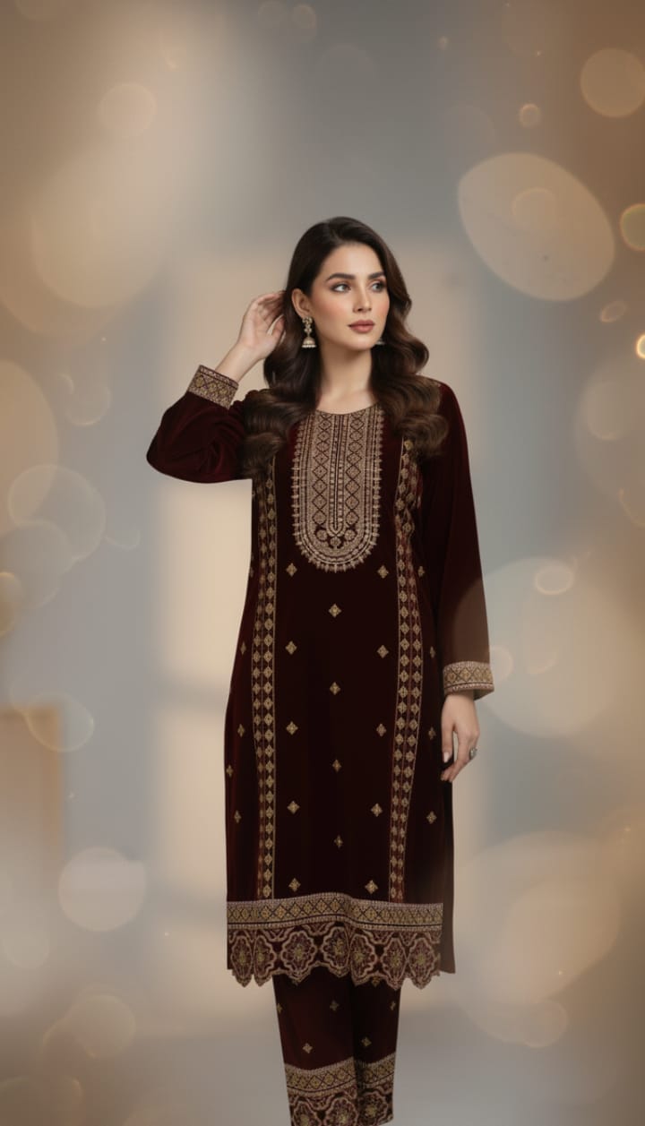 🌸 Maroon Velvet 2-Piece Embroidered Luxury Outfit 🌸