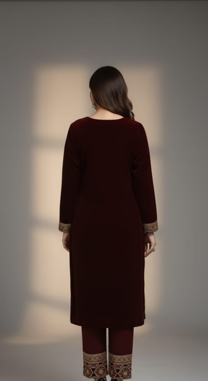 🌸 Maroon Velvet 2-Piece Embroidered Luxury Outfit 🌸