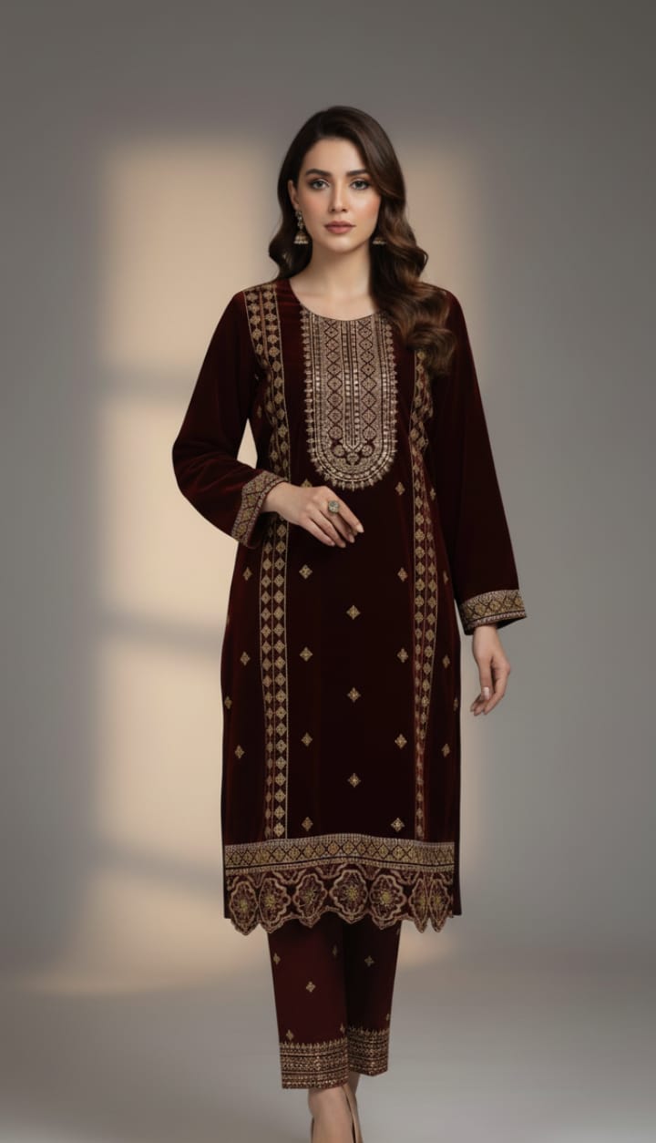 🌸 Maroon Velvet 2-Piece Embroidered Luxury Outfit 🌸