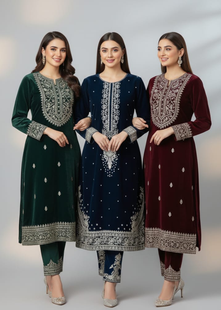 ✨ Midnight Blue Velvet Embroidered 2-Piece Luxury Outfit ✨