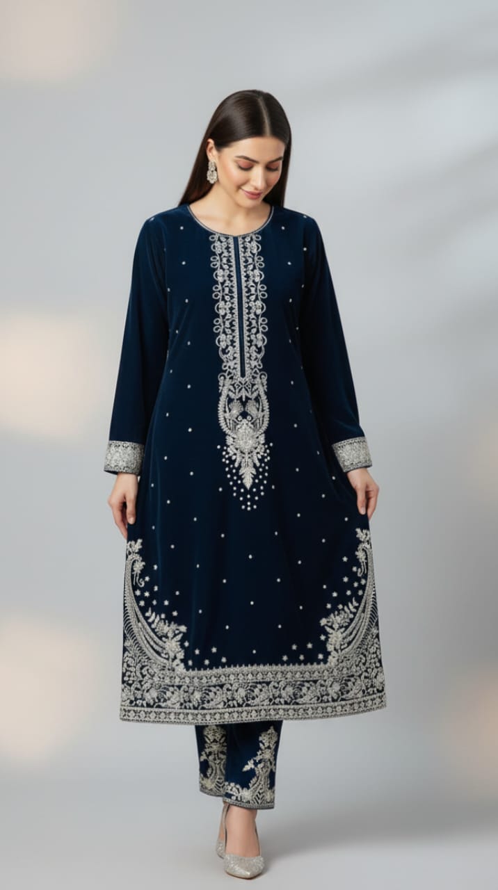 ✨ Midnight Blue Velvet Embroidered 2-Piece Luxury Outfit ✨