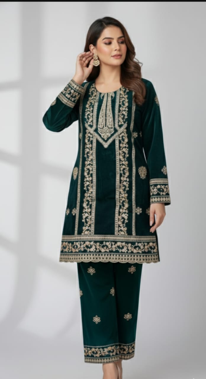 💚 Emerald Green Velvet Embroidered 2-Piece Luxury Set 💚