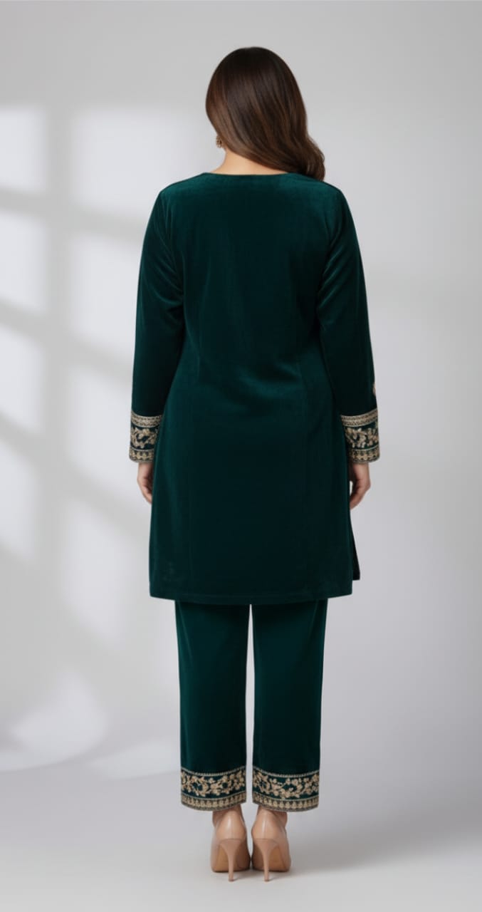 💚 Emerald Green Velvet Embroidered 2-Piece Luxury Set 💚