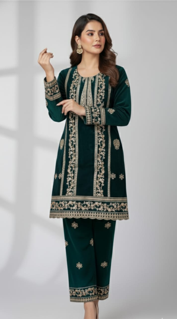 💚 Emerald Green Velvet Embroidered 2-Piece Luxury Set 💚